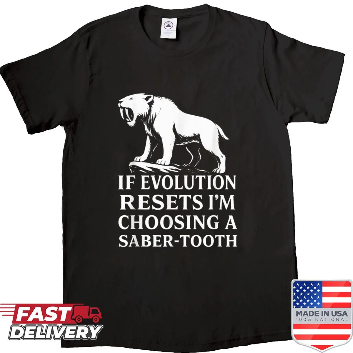 Vintage-inspired humor T-shirt featuring saber-tooth tiger graphic
