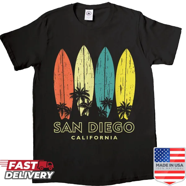 Retro surfboard shirt with a nostalgic San Diego California design