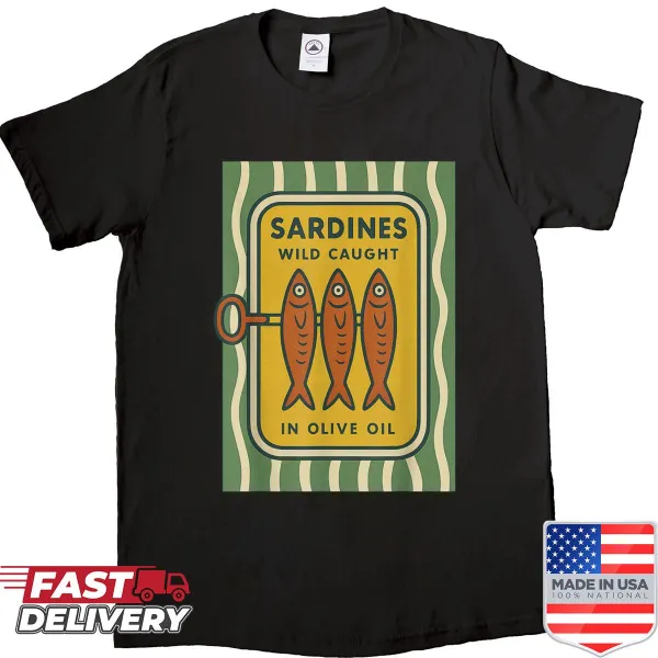 Vintage sardine fish tin shirt featuring a cute retro design