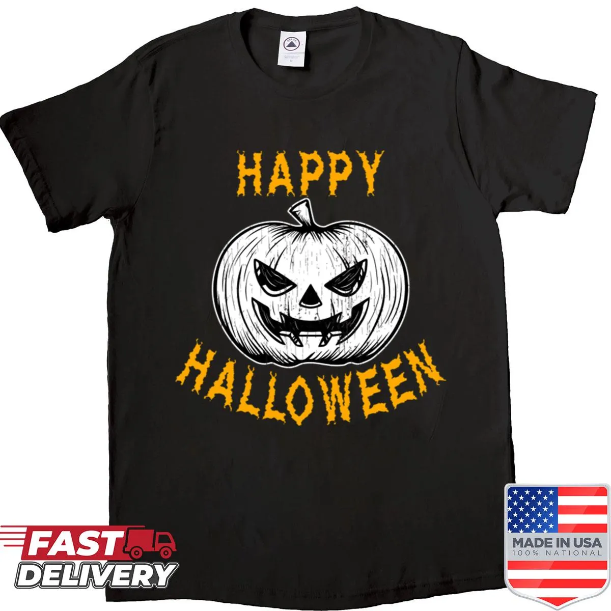 Cartoon jack-o'-lantern shirt with a scary face design for Halloween