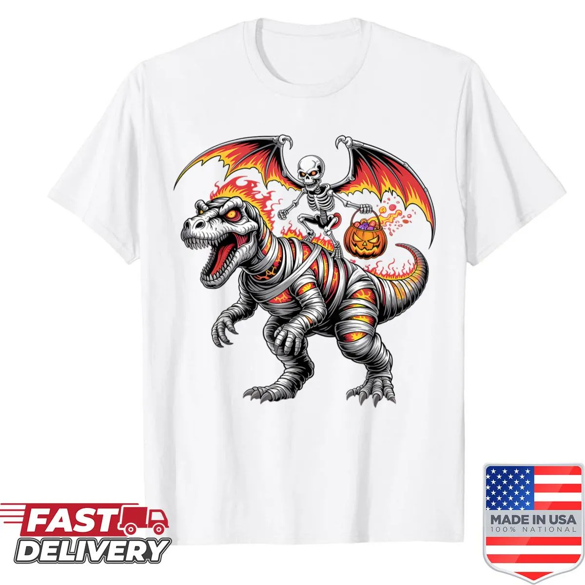 Funny Halloween shirt with skeleton on T-rex and pumpkin