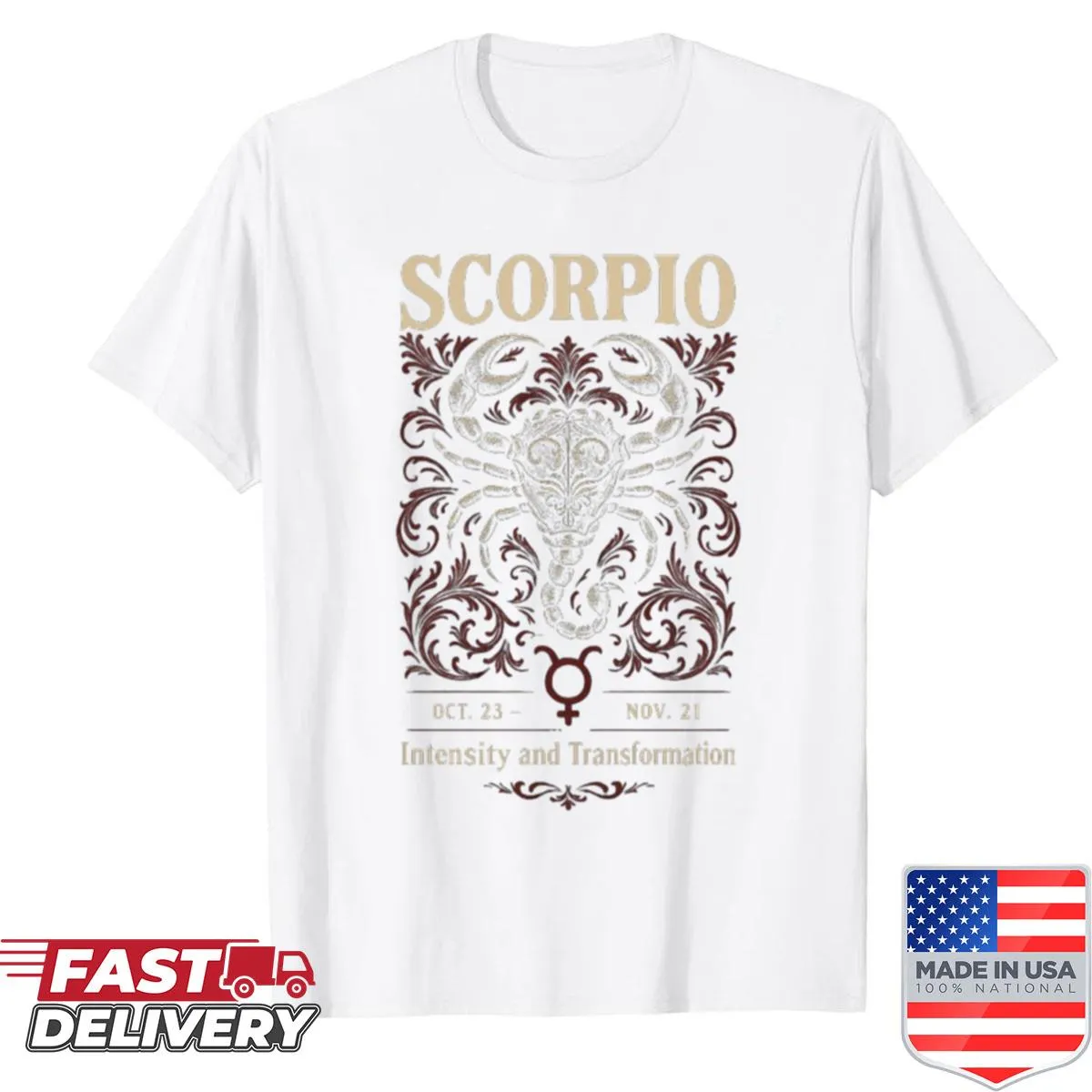Astrology-themed shirt with 'Scorpio Intensity And Transformation' text