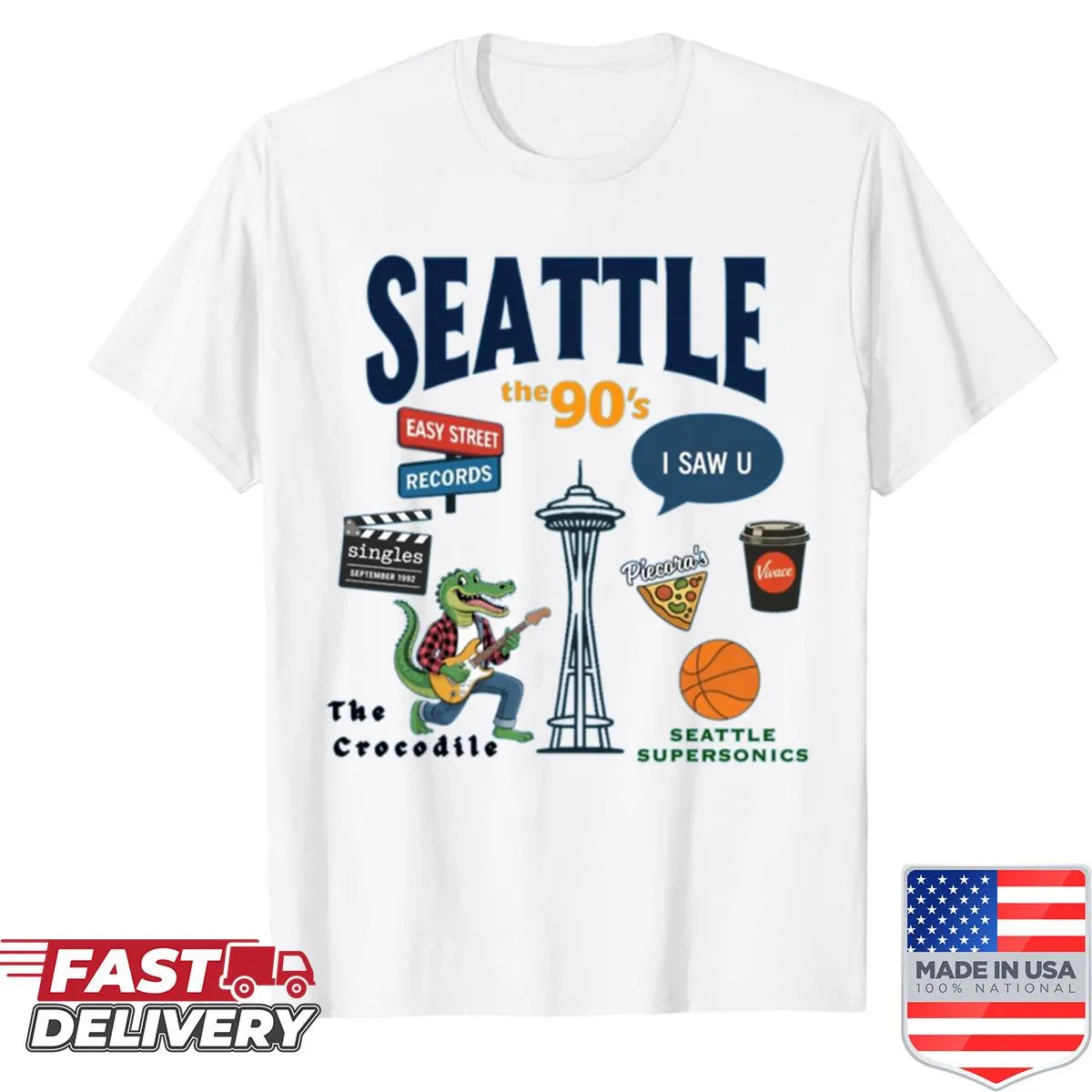 Vintage-style shirt featuring a nostalgic Seattle scene from the 90s