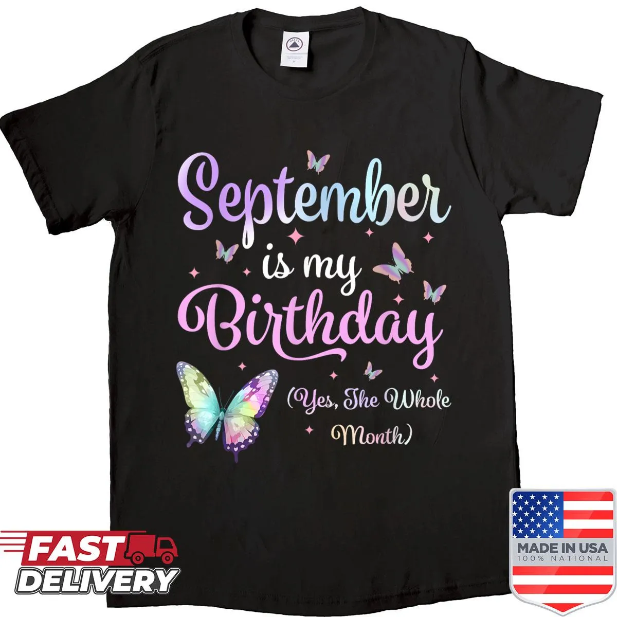 Birthday shirt with butterfly graphic for September celebrants.