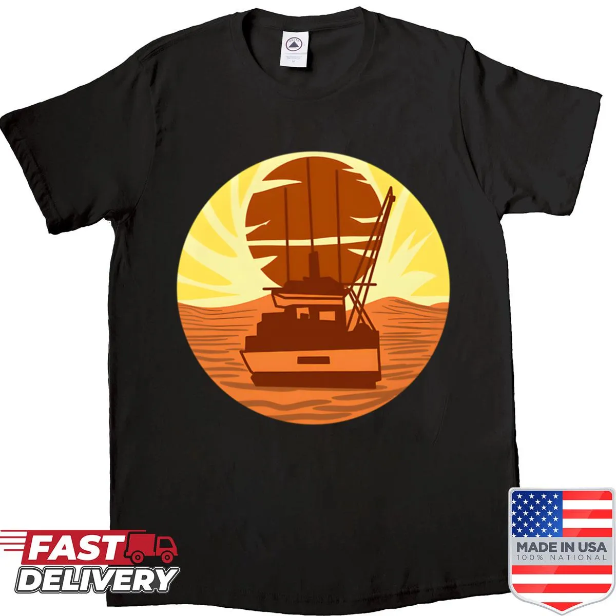 Circular graphic of a ship on a nautical shirt