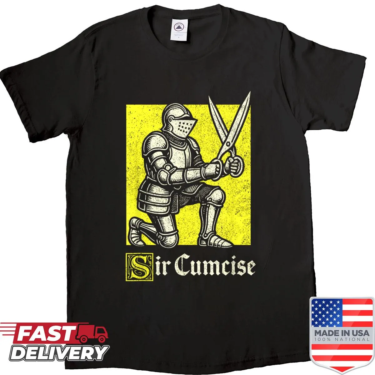 Cartoon knight shirt with the humorous phrase 'Sir Cumcise' for Renaissance fairs