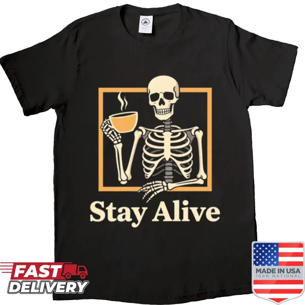Funny skeleton drinking coffee graphic on a t-shirt