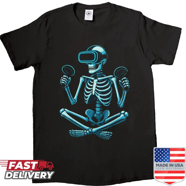 Cartoon skeleton wearing VR headset on gaming shirt