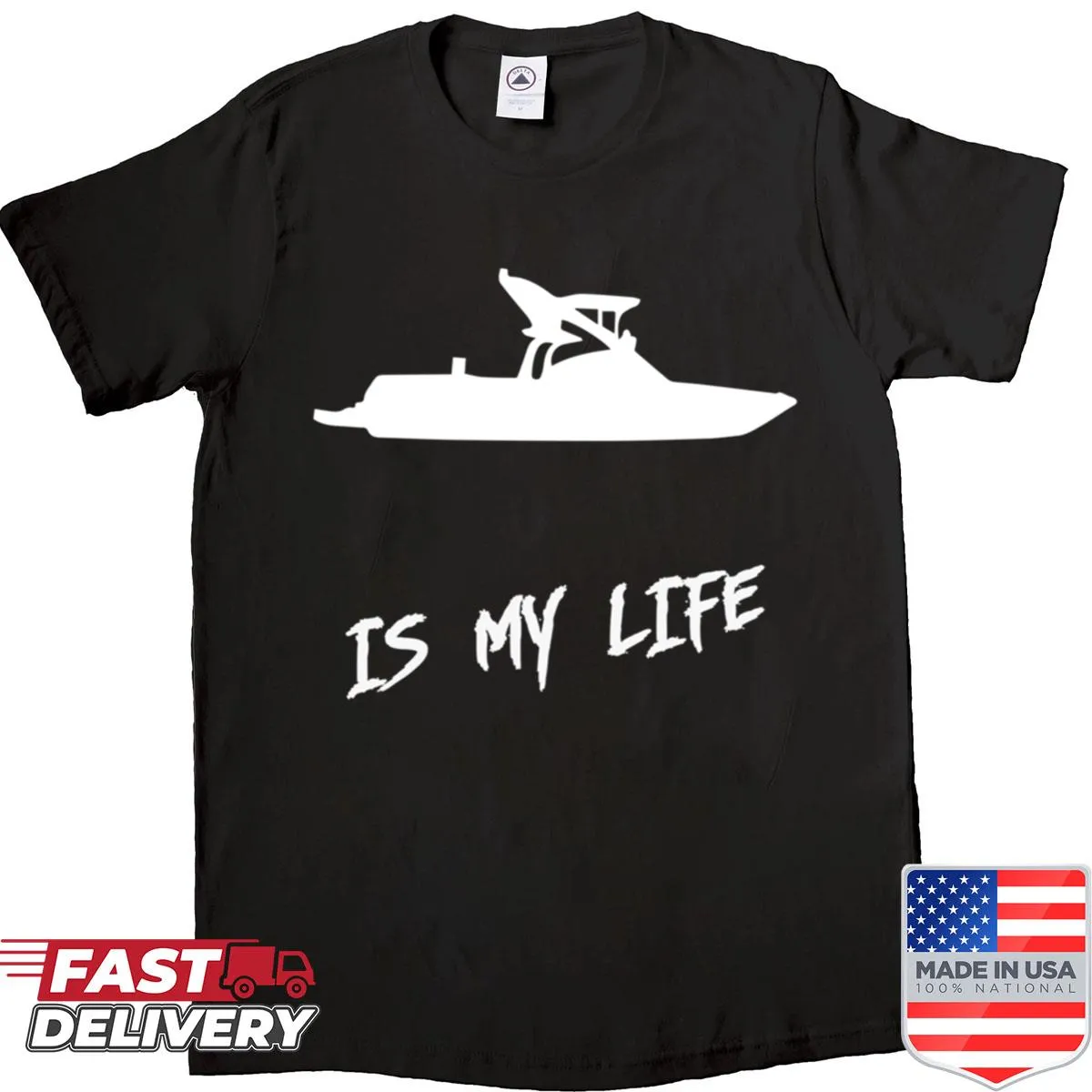 T-shirt with the phrase 'Ski Boat Is My Life' in bold typography.