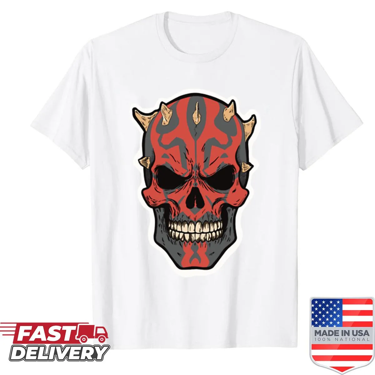 Edgy T-shirt featuring a bold skull graphic with a maul design
