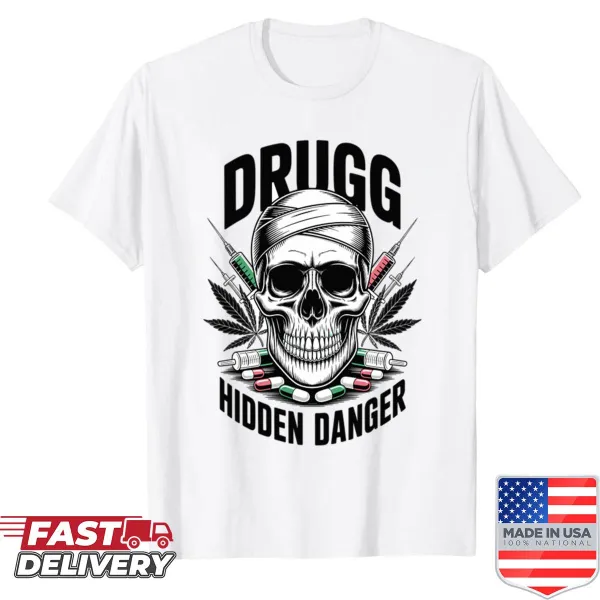 Edgy skull design with head bandage and anti-drug message on a shirt.