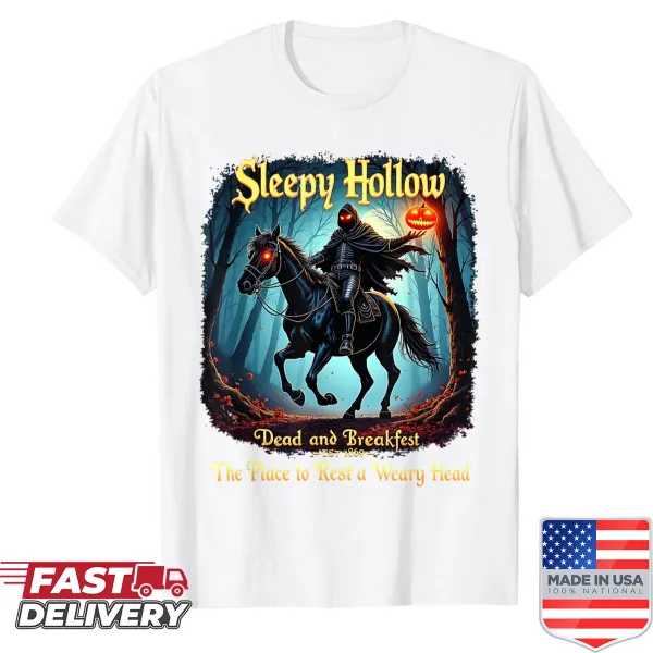 Vintage-style Sleepy Hollow horseman graphic shirt for Halloween.