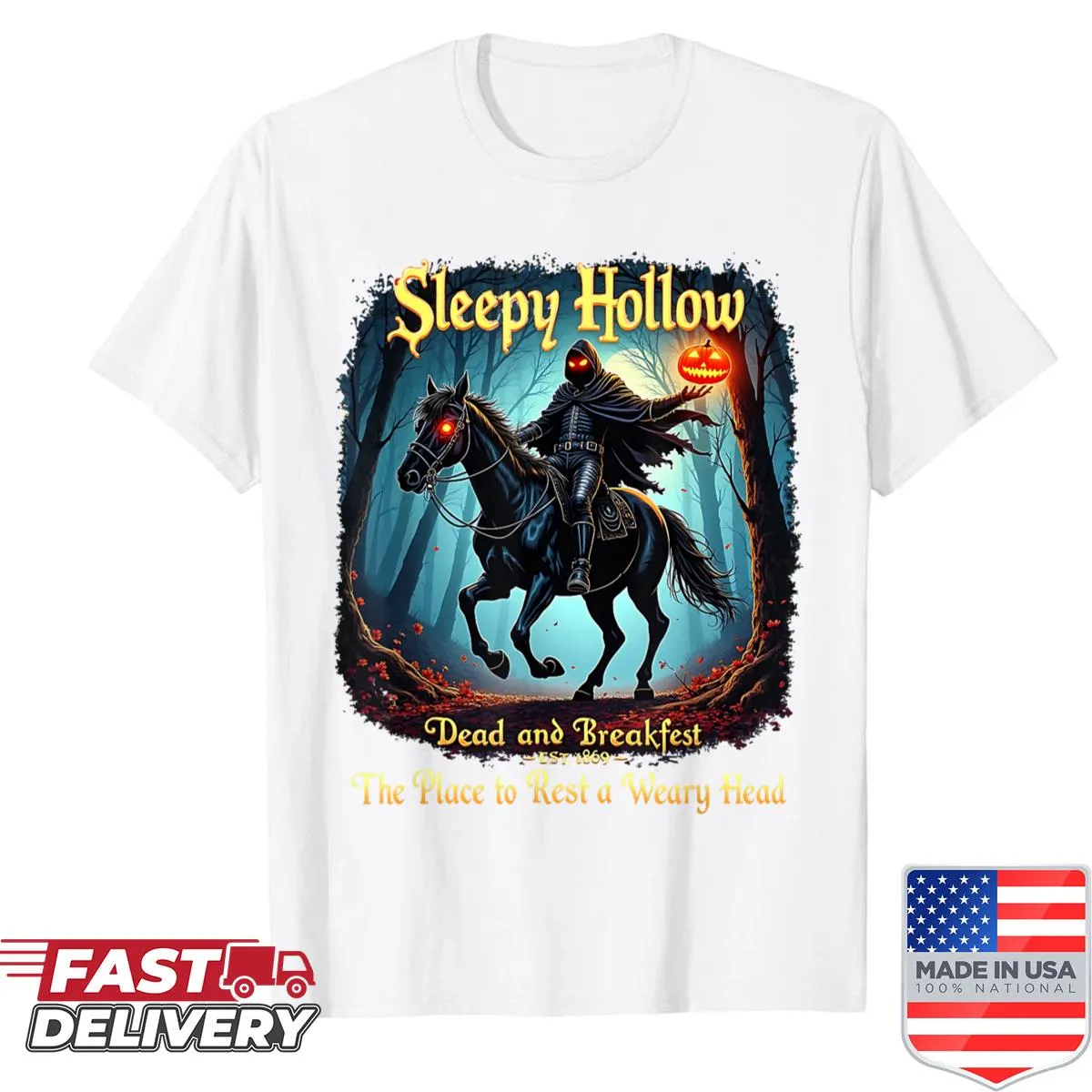 Vintage-style Sleepy Hollow horseman graphic shirt for Halloween.