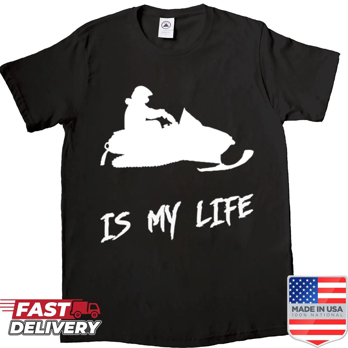 Dynamic snowmobile graphic on a winter sports shirt