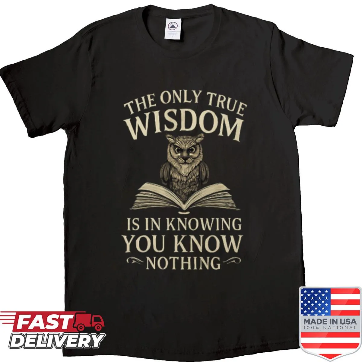 Minimalist typography shirt with a Socratic wisdom quote