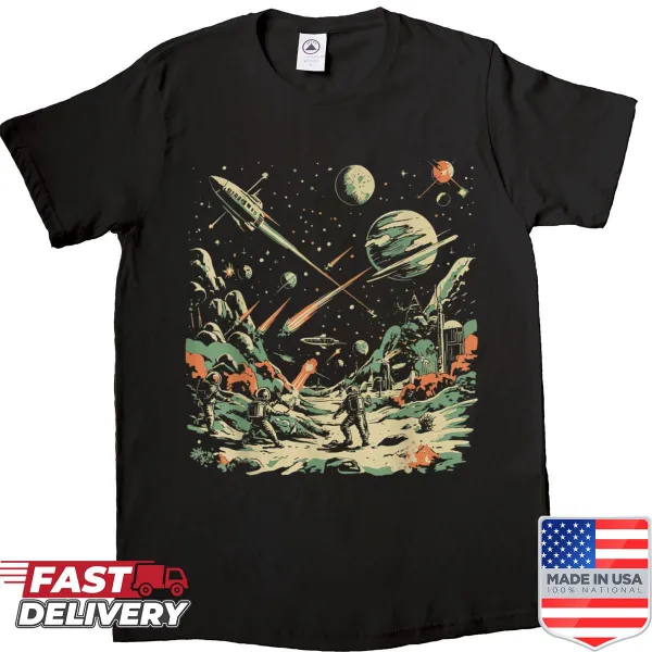 Vintage-style shirt depicting a retro sci-fi space battle