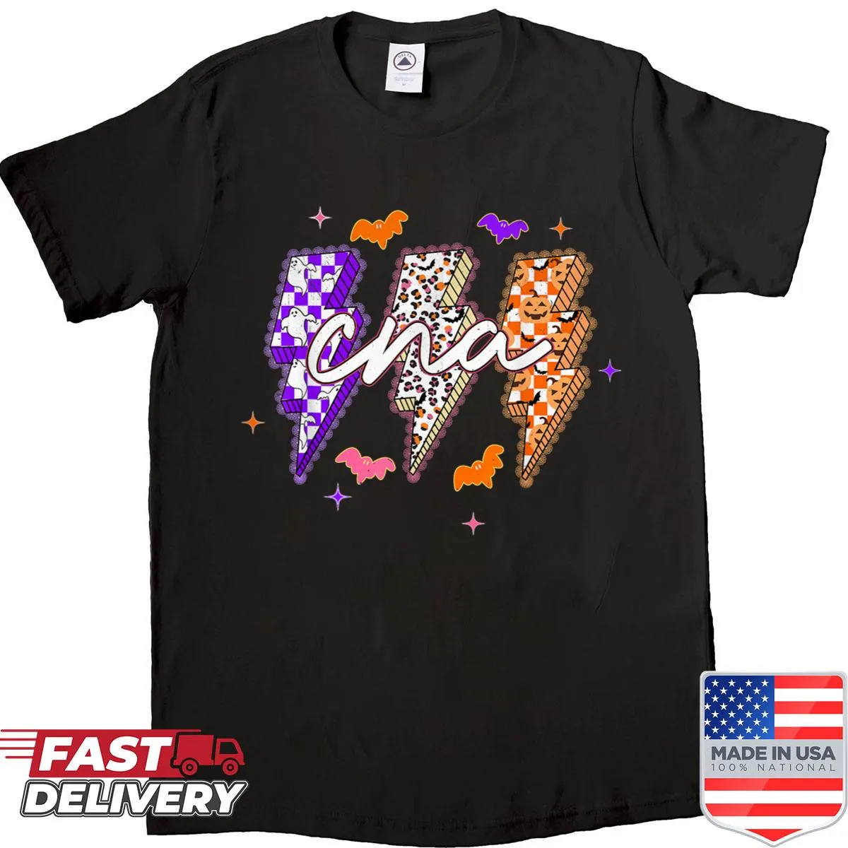 Cartoon ghost design with lightning bolt for nurses on Halloween shirt