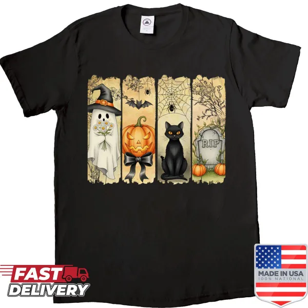 Vintage Halloween shirt with ghost, pumpkin, and a bow design.