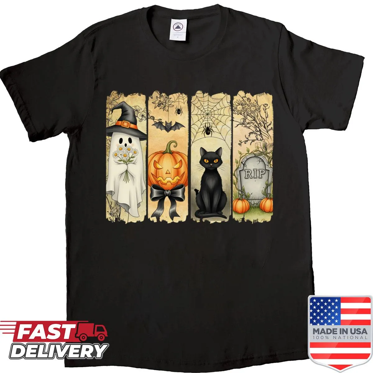 Vintage Halloween shirt with ghost, pumpkin, and a bow design.
