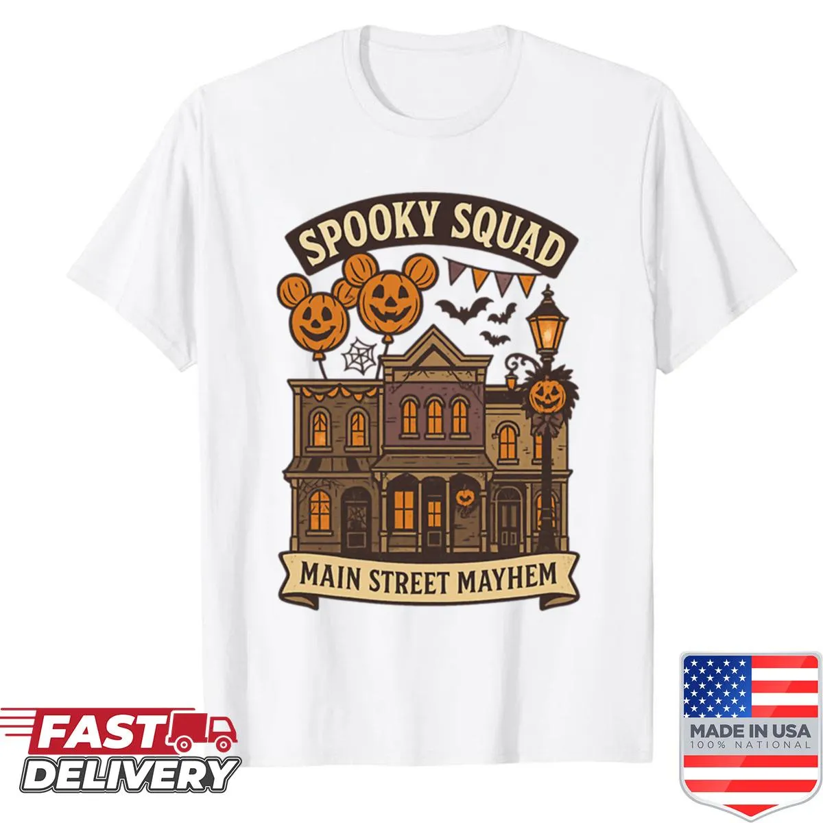Cartoon Halloween shirt featuring Spooky Squad graphics