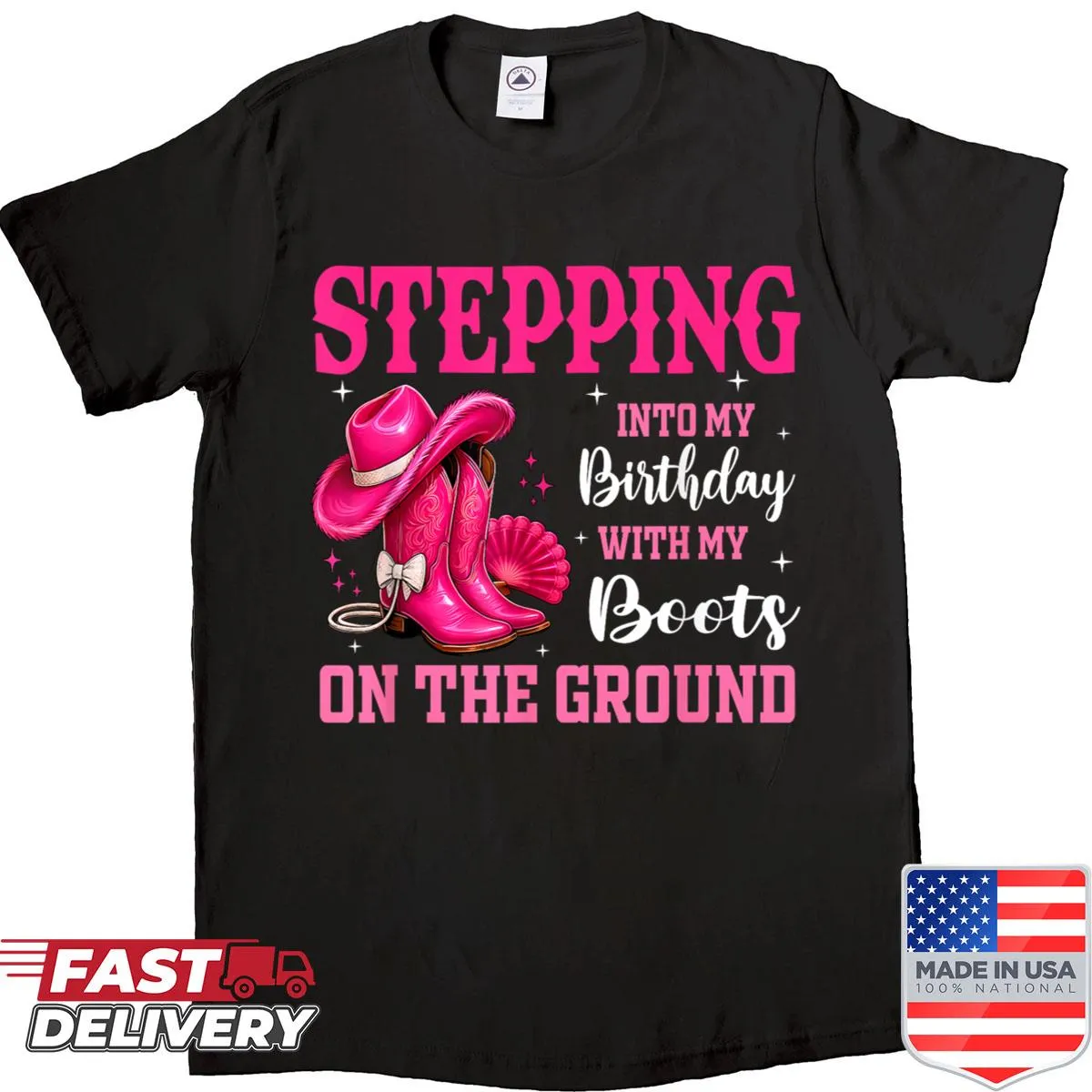 Illustration of boots and cowgirl hat on a birthday-themed T-shirt