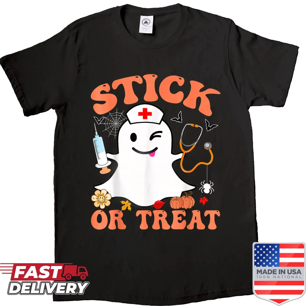 Funny Halloween shirt for nurses with Stick Or Treat phrase