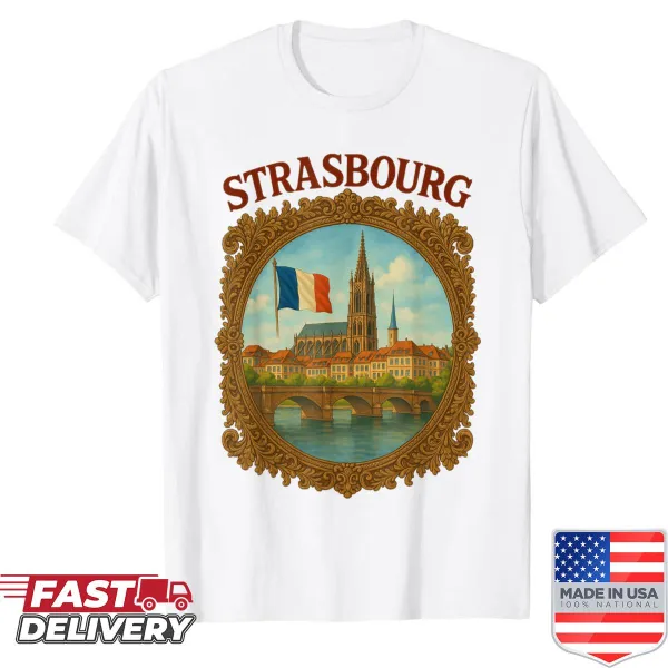 Vintage-style shirt featuring a Victorian bridge in Strasbourg
