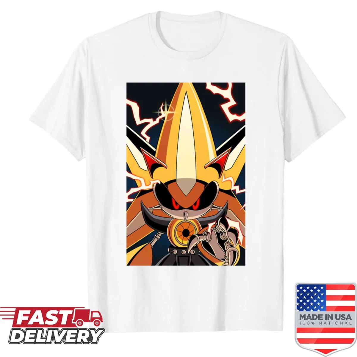 Illustration of Neo Metal Sonic in action on a gaming-themed t-shirt