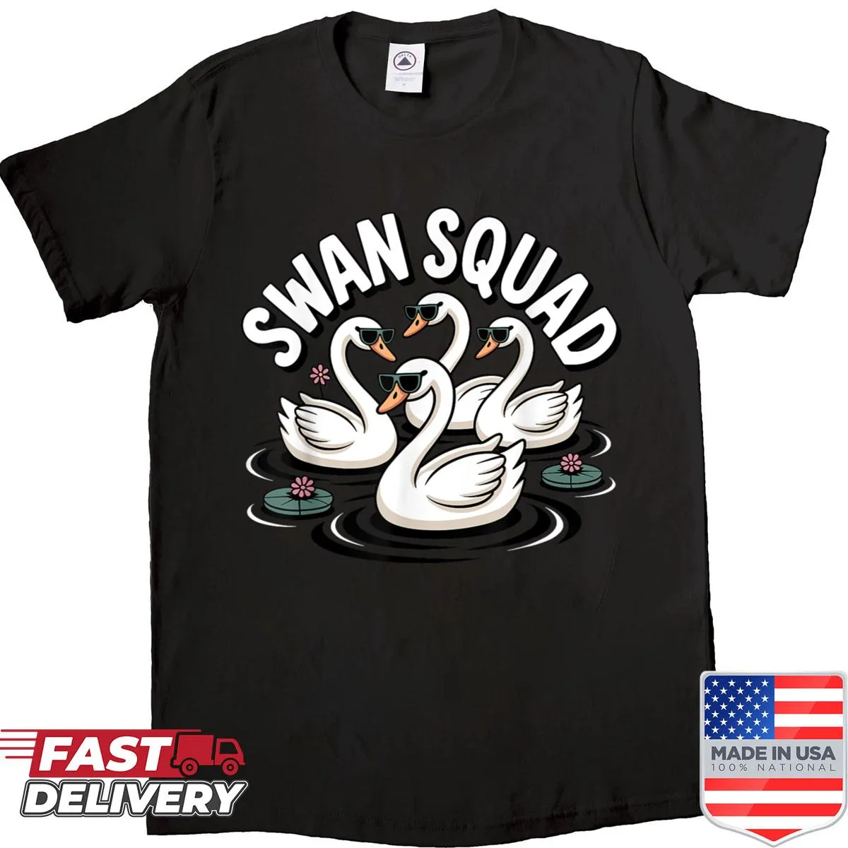 Artistic illustration of a swan on a nature-themed shirt
