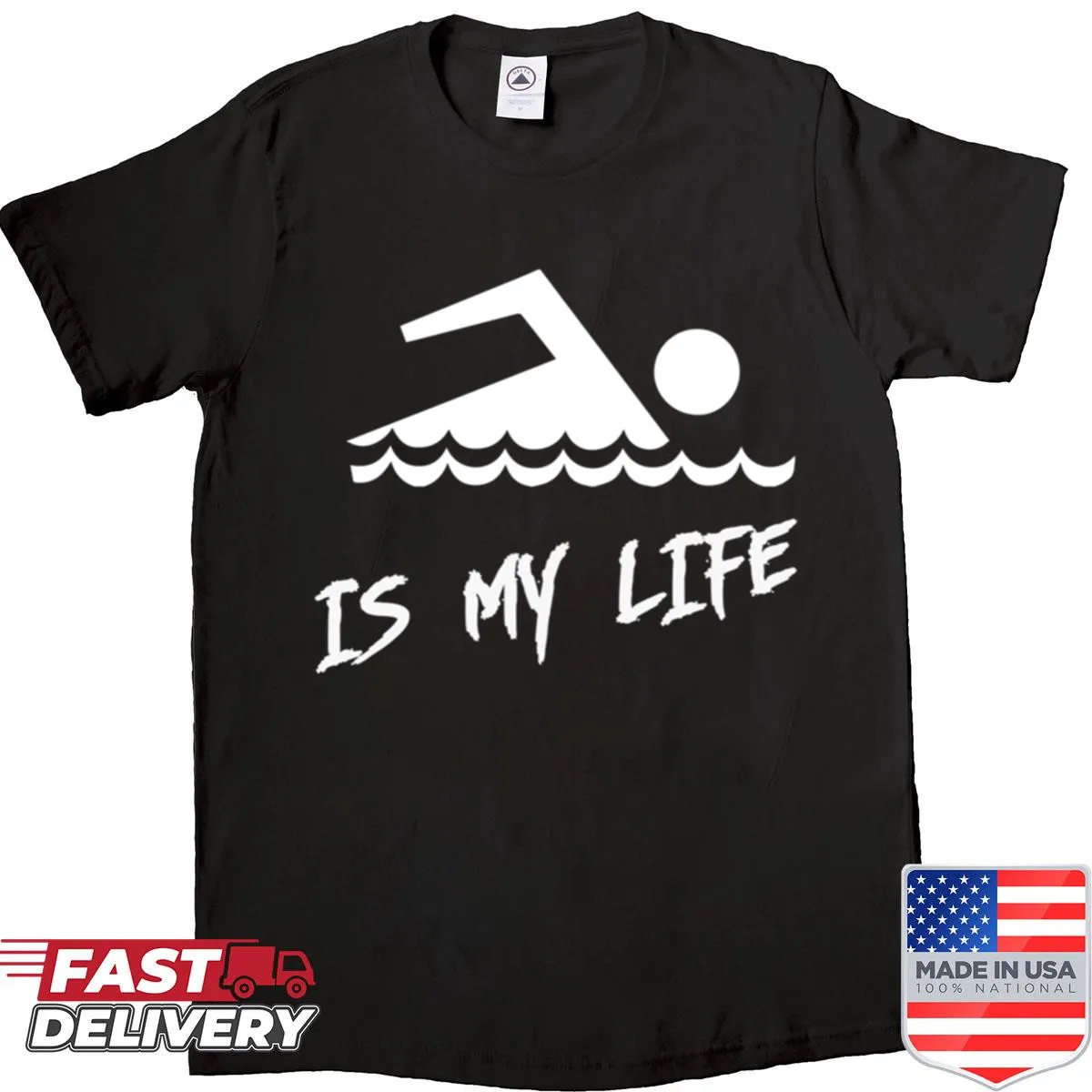 Shirt featuring a slogan celebrating swimming as a way of life