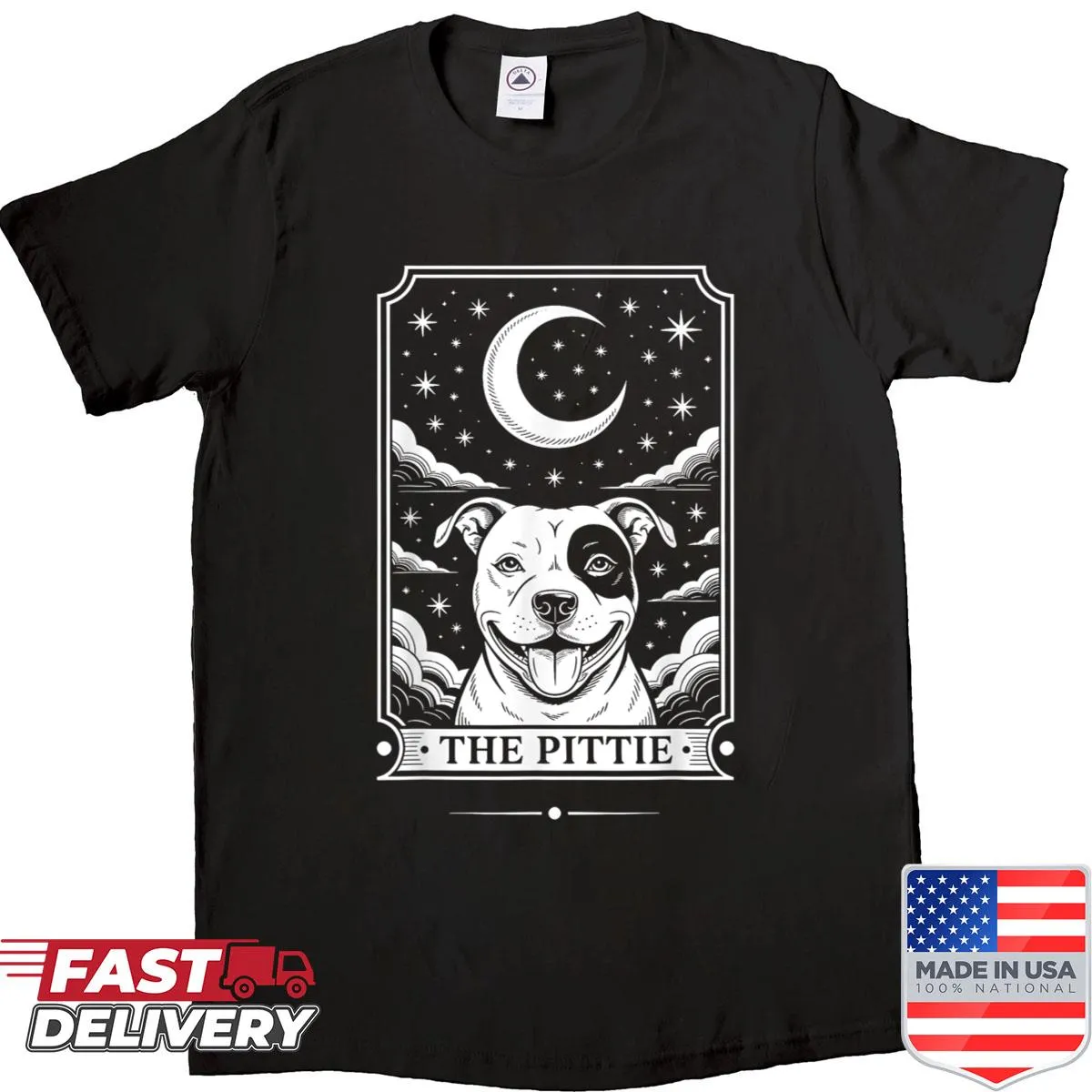 Vintage tarot card design featuring a pit bull dog on a T-shirt