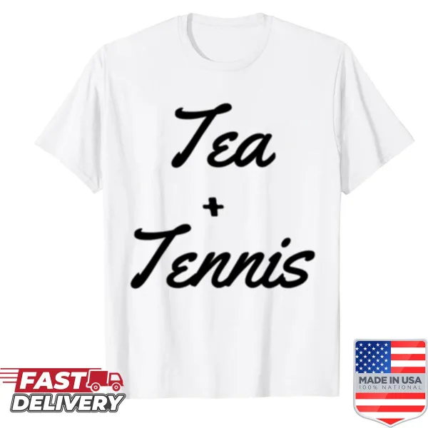 Casual shirt with text about tea and tennis