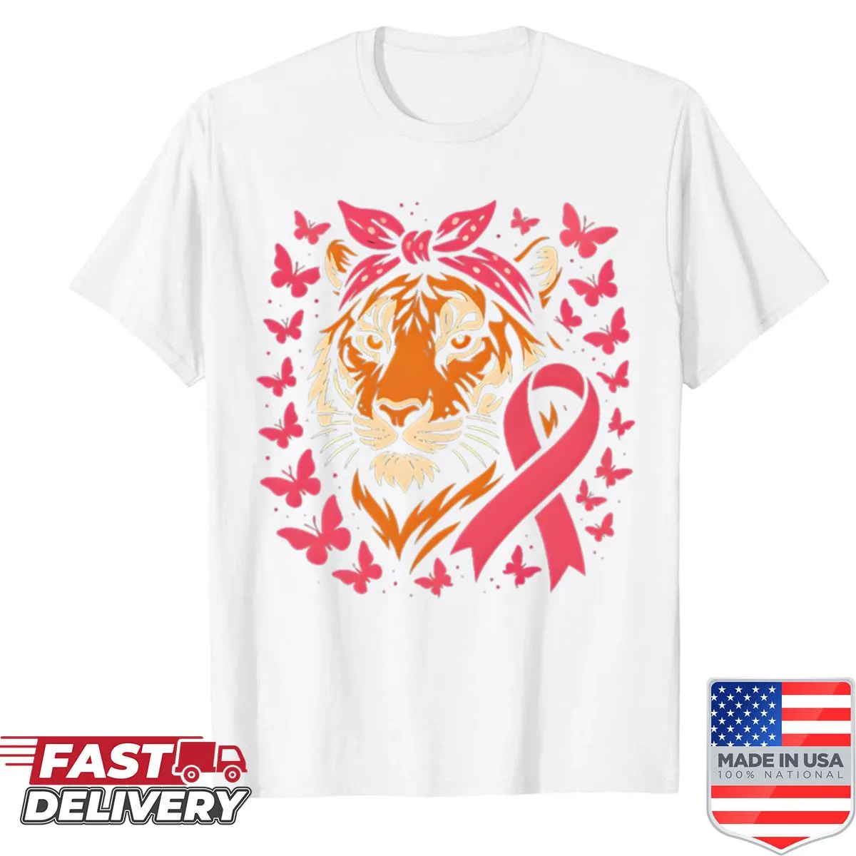 Supportive shirt with pink ribbon and tiger graphic for breast cancer awareness