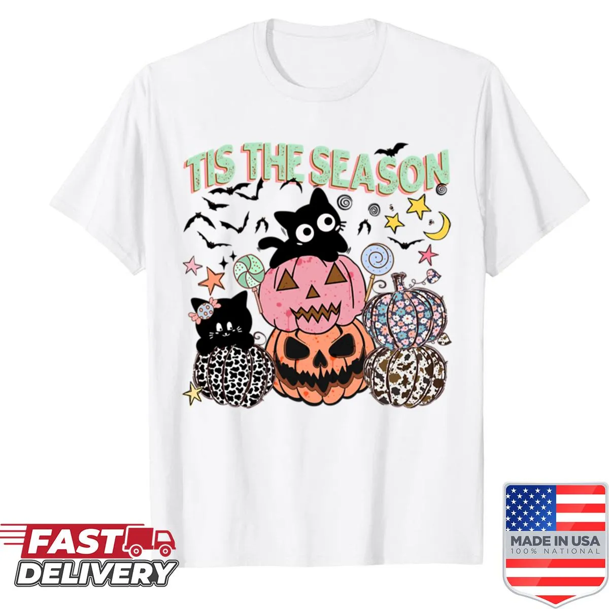 Cute Halloween pumpkin design on a retro-style shirt