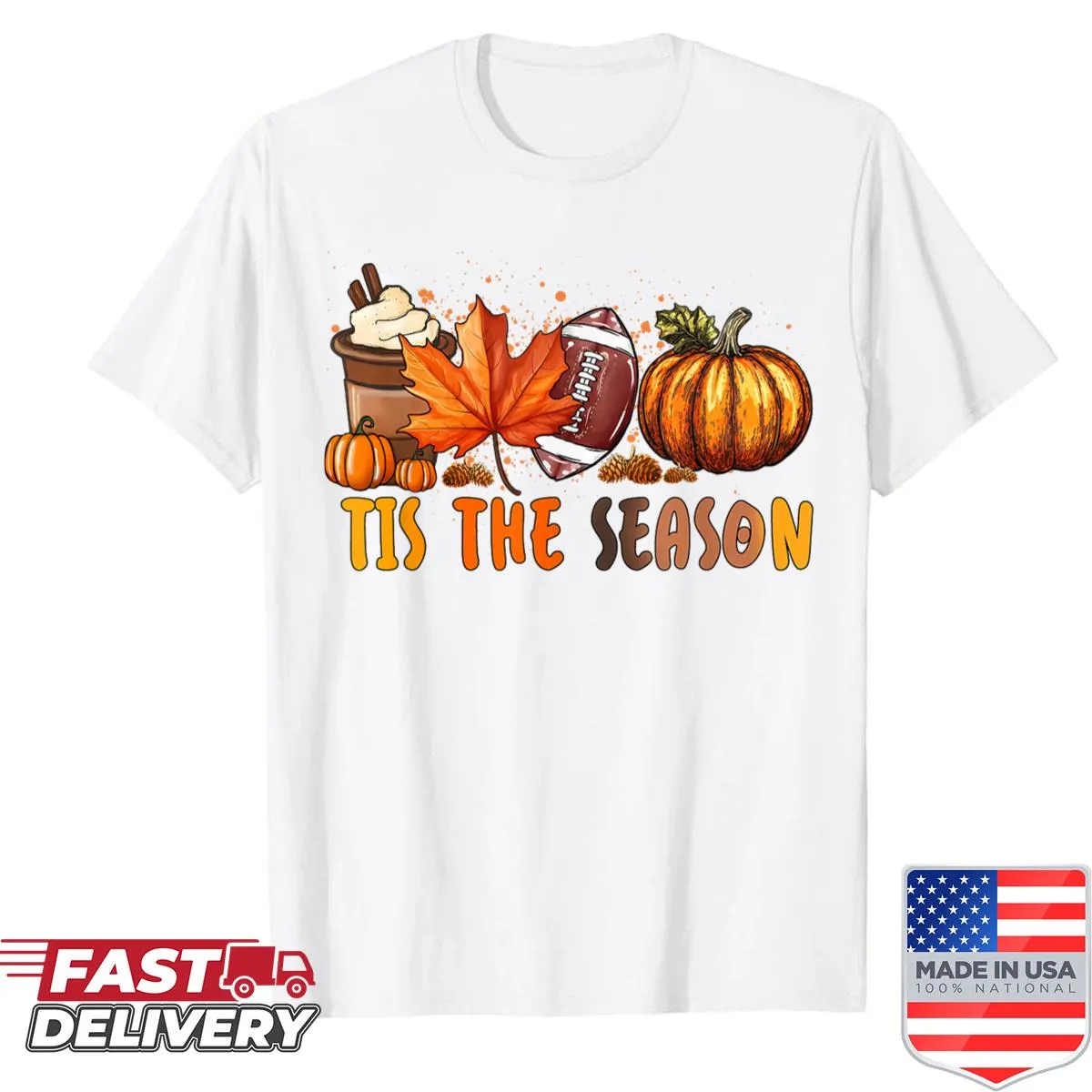 Autumn-themed shirt with pumpkins, football, and leaves