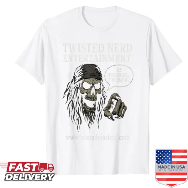 Illustrated pirate-themed shirt with skull and swords