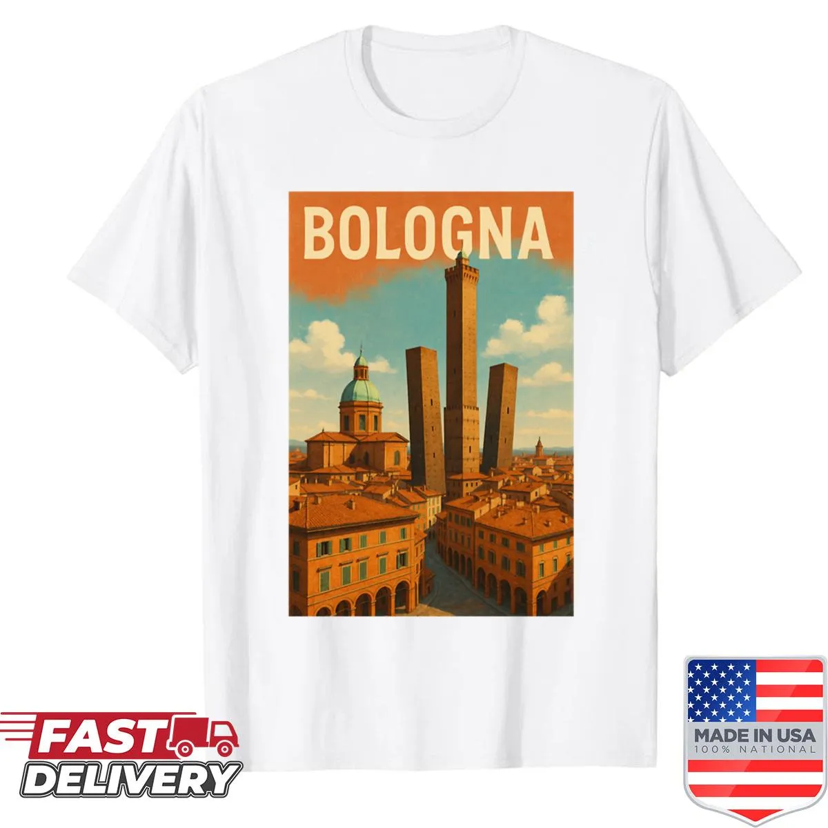 Illustration of Bologna's iconic towers on a T-shirt