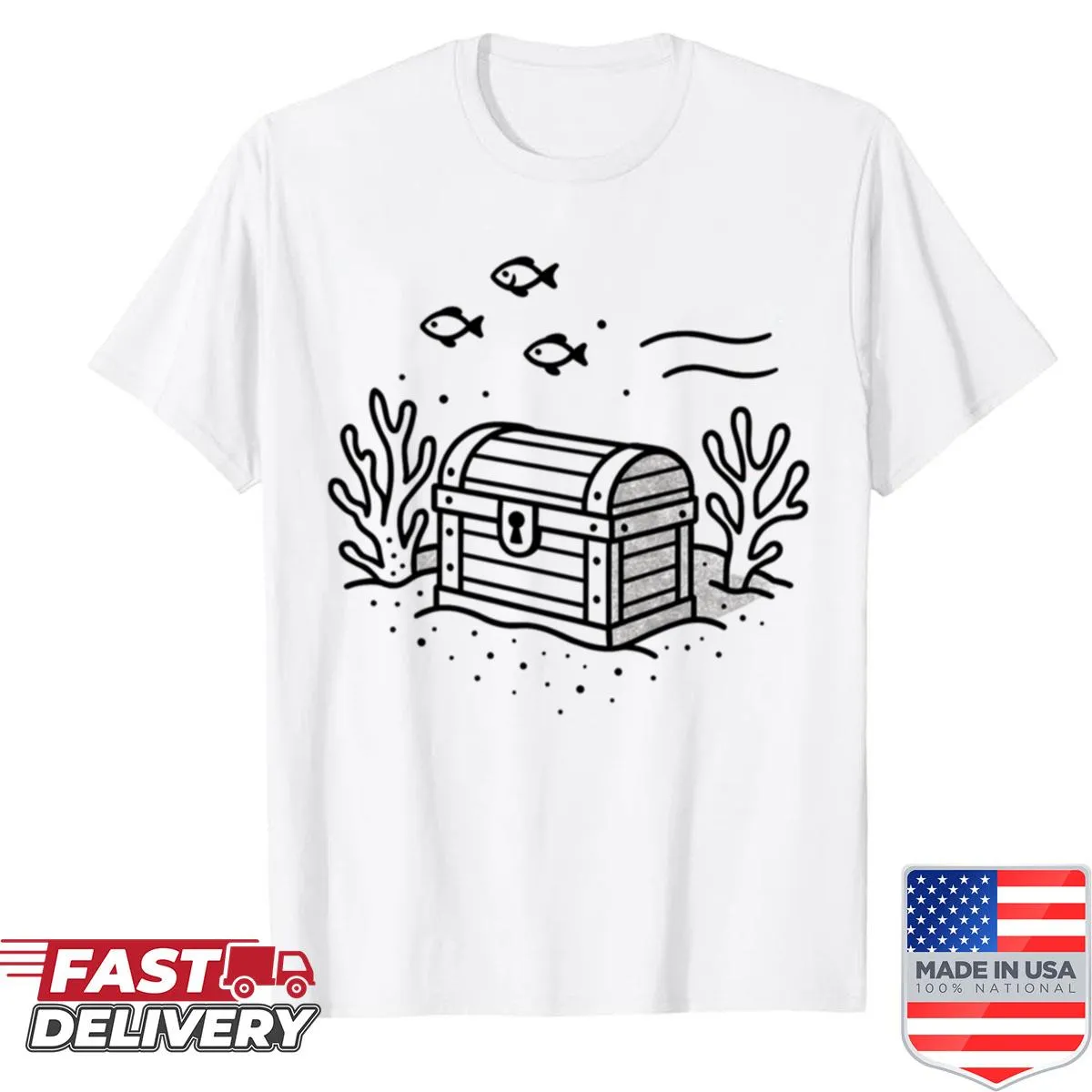 Treasure chest graphic surrounded by coral for a whimsical ocean vibe