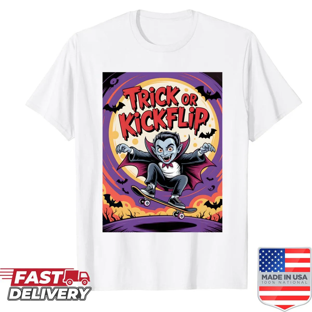 Halloween design featuring a vampire skateboarding and kickflipping