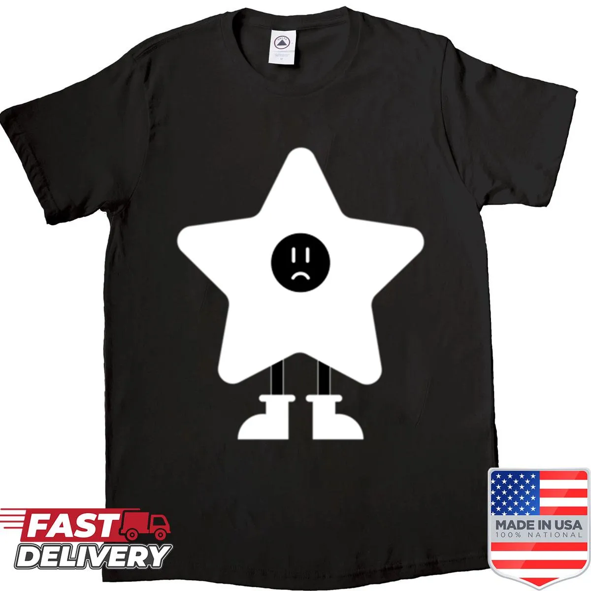 Graphic t-shirt featuring an unhappy star design