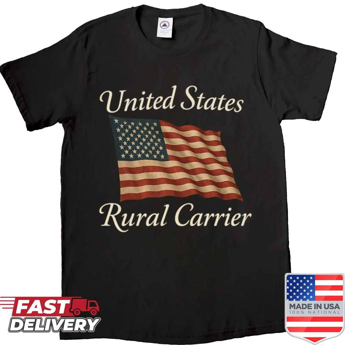 Vintage-style shirt for rural postal carriers, featuring bold text.