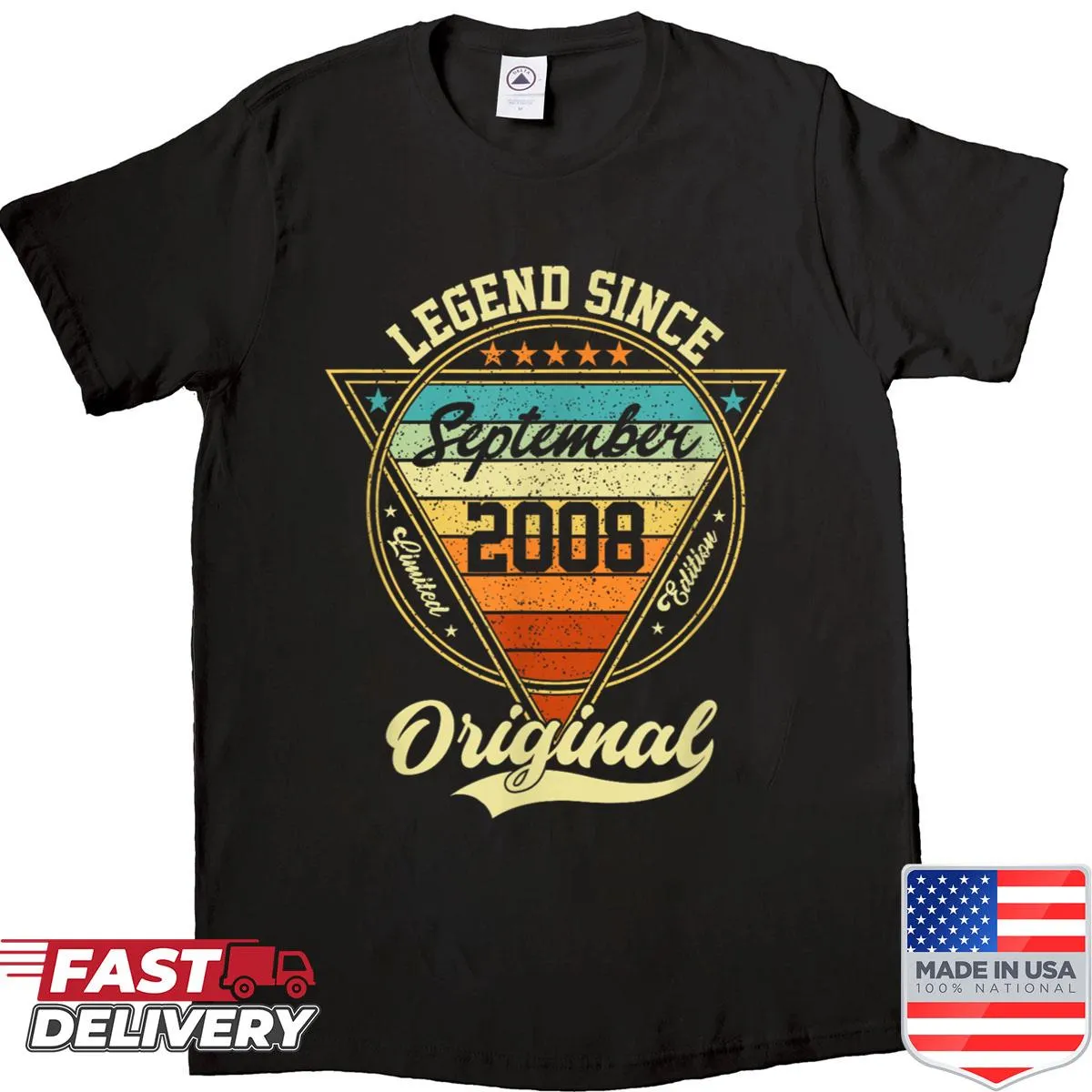 Vintage birthday shirt stating 'Legend Since September 2008'.