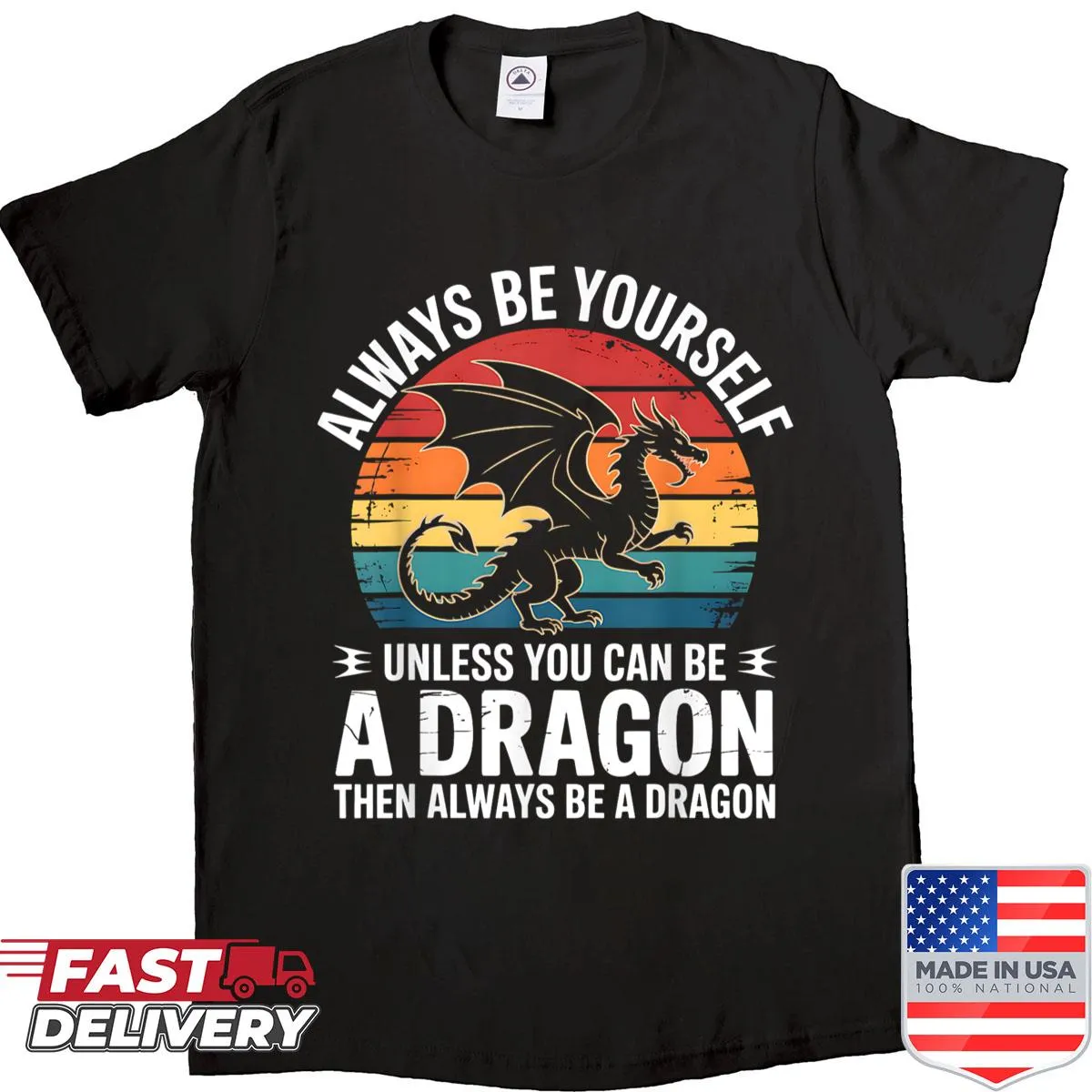 Vintage shirt with whimsical dragon illustration and text