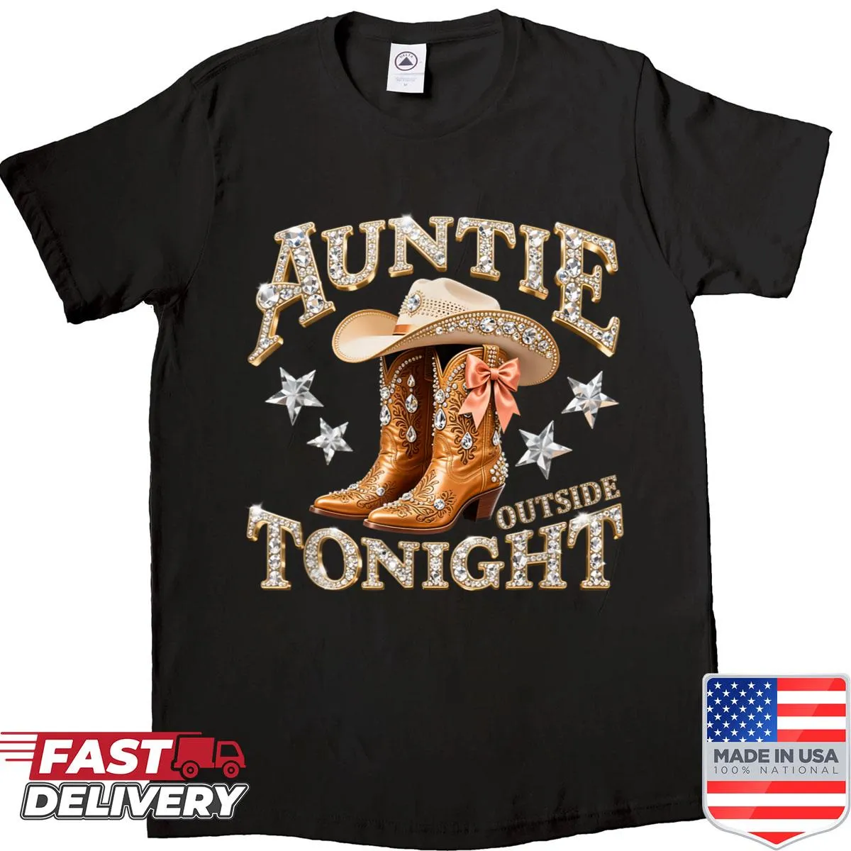Vintage-style shirt featuring western boots and cowgirl theme