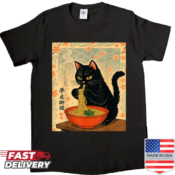 Vintage distressed cat lovers shirt with black cat eating ramen