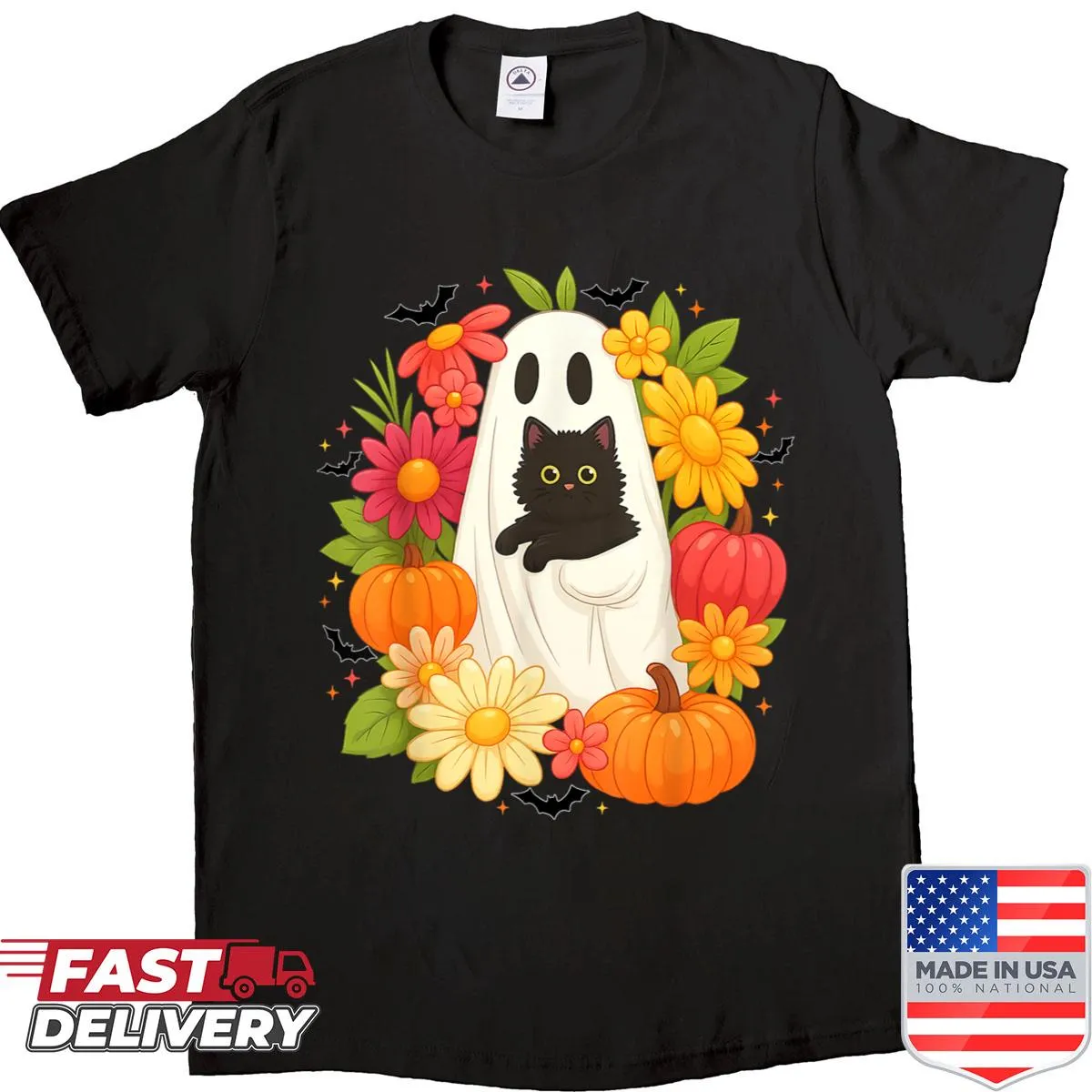 Cartoon ghost and black cat design for Halloween women shirt.