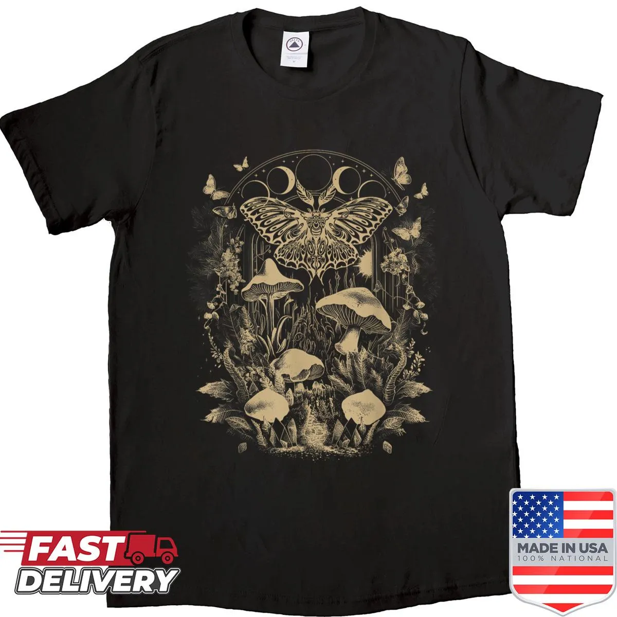 Vintage aesthetic shirt with butterflies, mushrooms, and a moon design