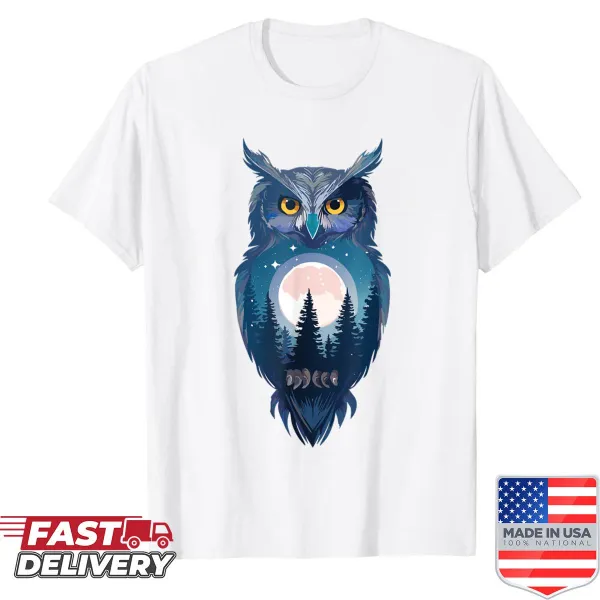 Vintage T-shirt featuring an owl in a forest scene illustration