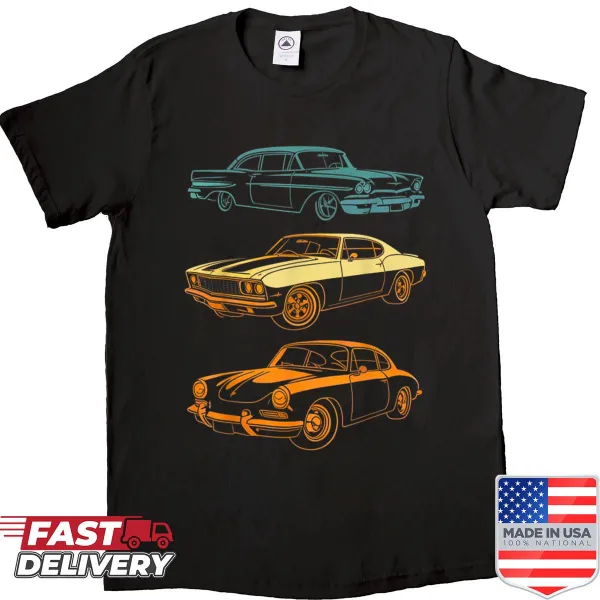 Retro graphic t-shirt featuring vintage cars from the 70s, 80s, and 90s