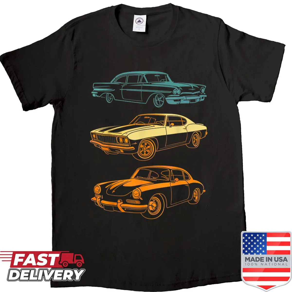Retro graphic t-shirt featuring vintage cars from the 70s, 80s, and 90s